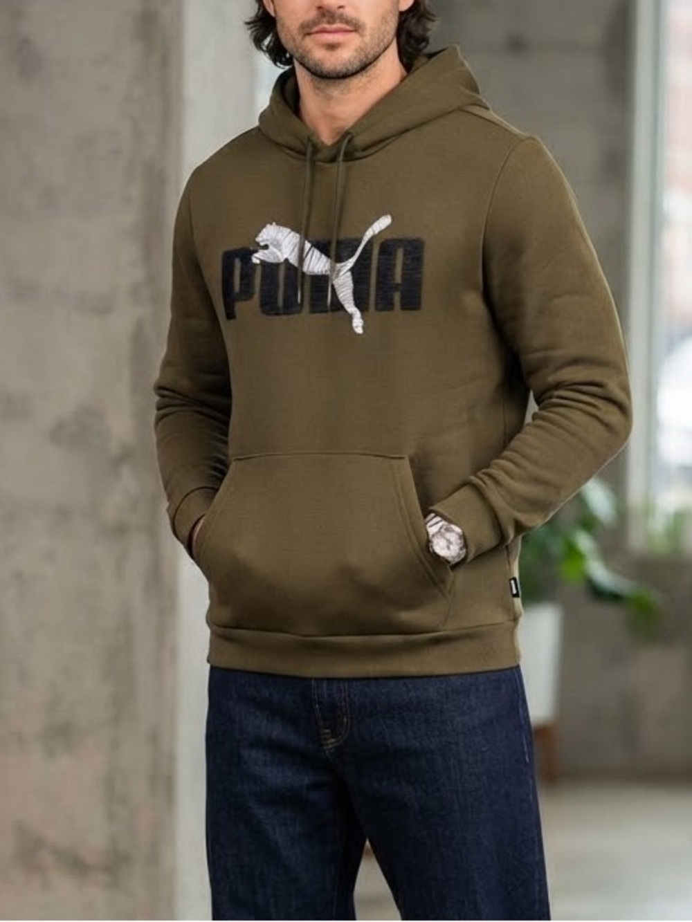 PUMA Olive Hoodie with Black Logo